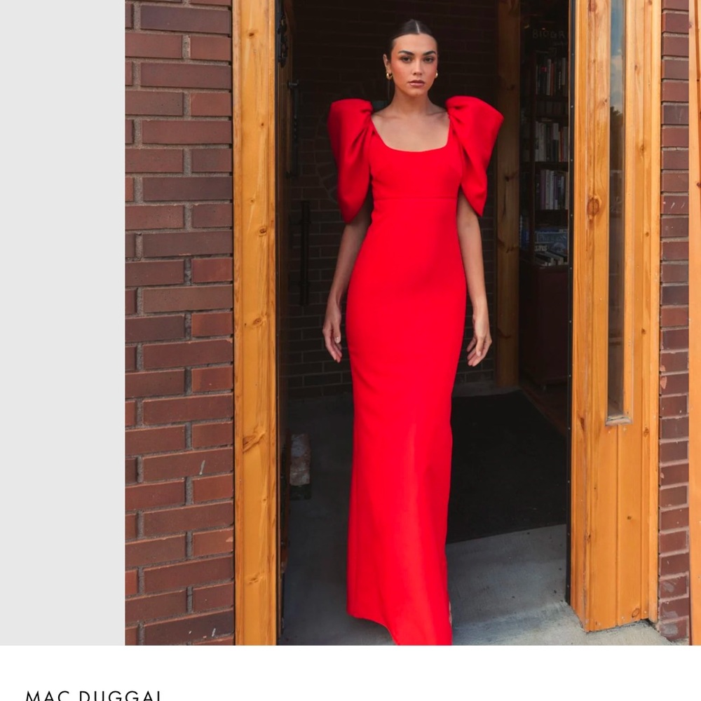 Red Fitted Crepe Scoop Neck Gown With Puff Sleeves